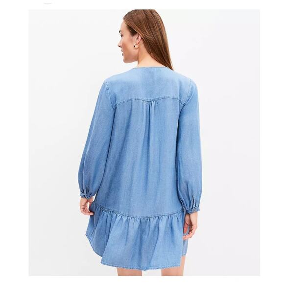 LOFT Chambray Ruffle Flounce Dress Dropped Waist Soft Lyocell Linen Blue Sz M - Picture 2 of 9